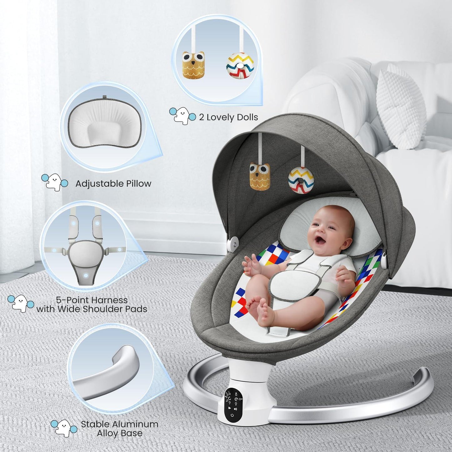 NEW Arrivals Baby Bouncer Chair for Infants, APP Remote Control Baby Swing with 5 Point Safety Harness 5 Swing Speeds 3 Timers and 10 Music, Automatic Rocker for Newborn 0-6 Month Max 9 kg