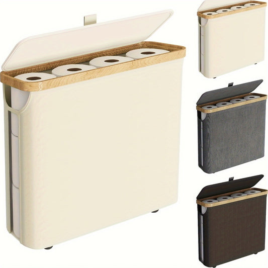 12 Rolls Bamboo Toilet Paper Holder with Lid - 30L Capacity, Modern Fabric Storage Basket for Bathroom, Kitchen, or Office, Multi-Purpose Organizer with Handle, Bathroom Organizer|Sleek Toilet Paper Holder|Durable Bamboo Mate