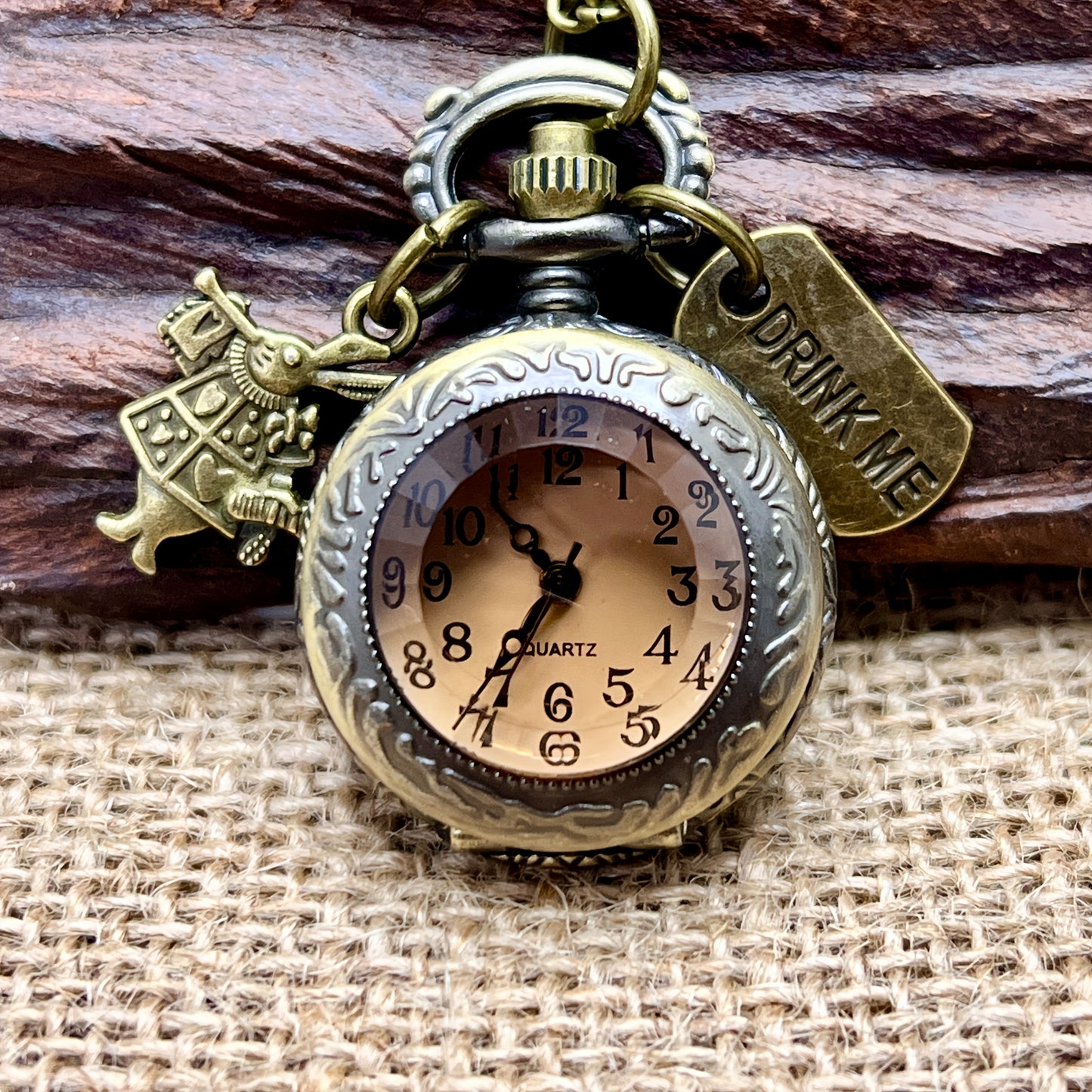 Vintage Bronze Quartz Pocket Watch For Women, Retro Alloy Case, With Rabbit And Tag, Gift For Men And Women