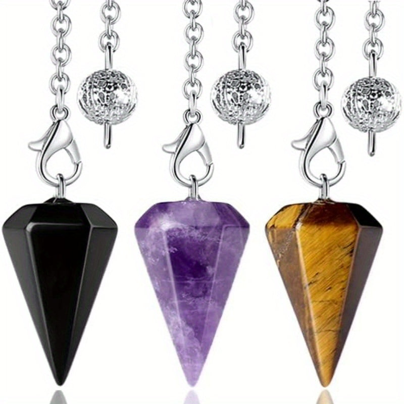 3 PCS Set Mystic Crystal Pendulums Set for Divination Dowsing Natural Amethyst Tiger Eye Black Obsidian Crystal Quartz Reiki Gemstone Pendants Future Reading Medium