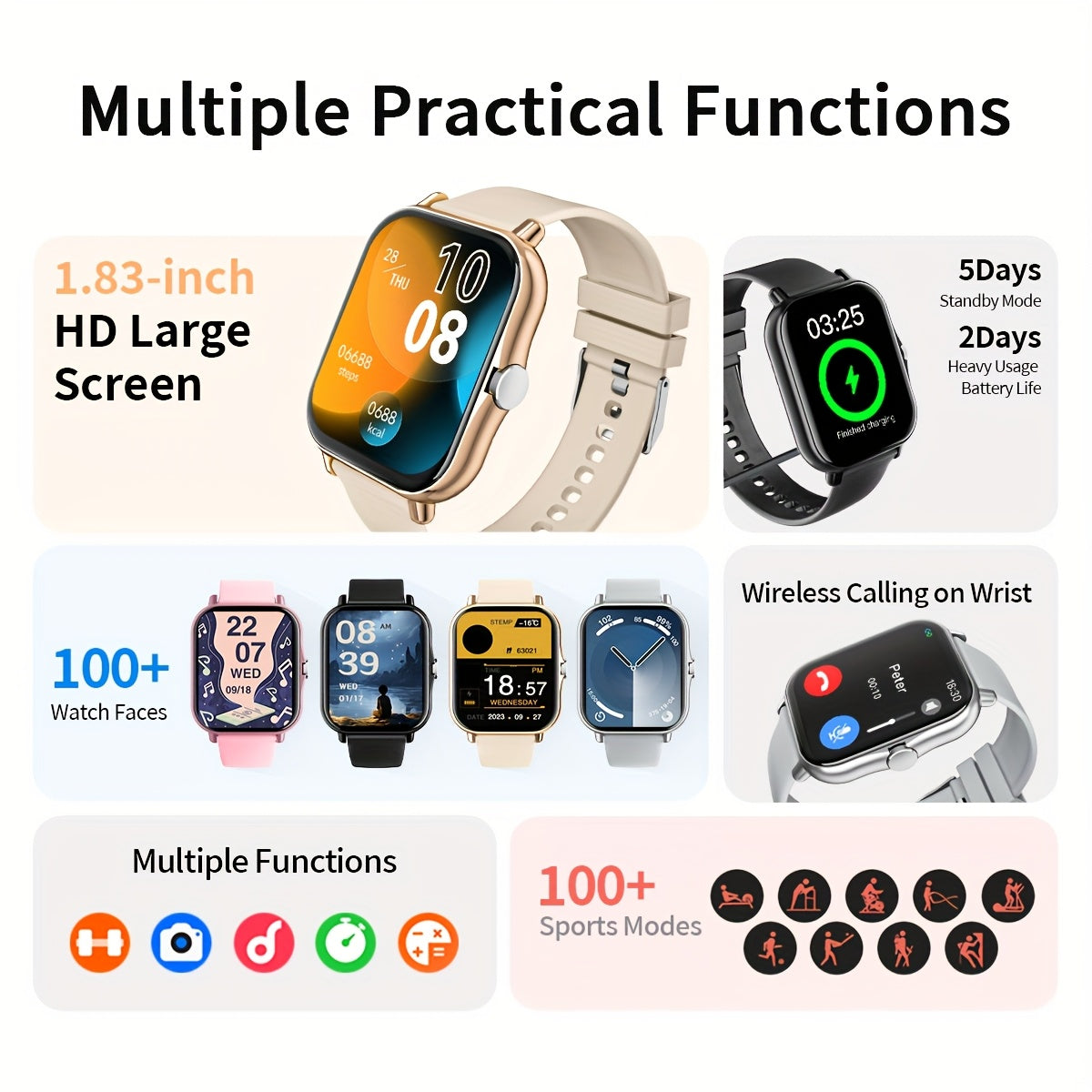 The 1.83-Inch Smart Watch Is Suitable for Both Men And Women - Wireless Calling Watch That Features App Notifications, a Calculator, an Alarm Clock, And Over 100 Sports Modes. with Its Stylish Design