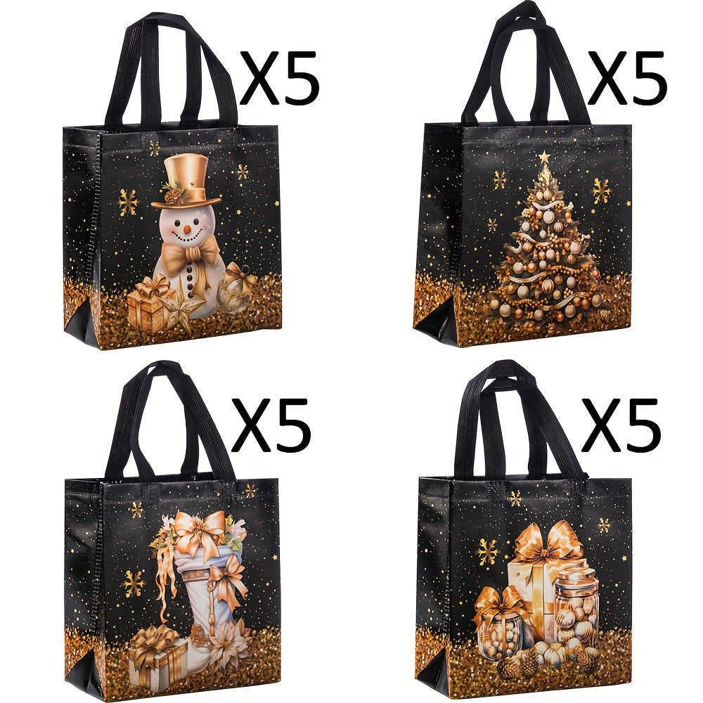 20pcs Festive Christmas Gift Bags - Snowman, Tree & Stocking Design, Black & Golden with Handles, Non-Woven Tote Bags for Holiday Parties, 23*22*11cm, Christmas Gift Bags, Christmas Decorations, Christmas Decor, Christmas Gif