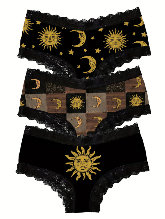 3 PCS Set UK Size Moon & Sun Print Lace Trim Briefs, Comfy Breathable Stretchy Intimates Panties, Women's Lingerie & Underwear