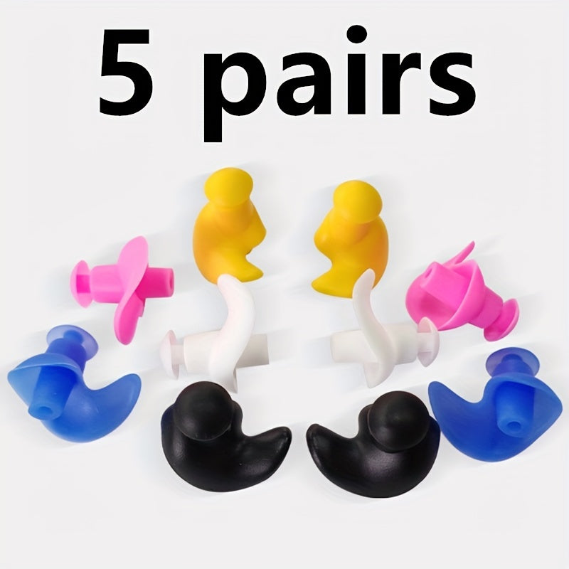 5 Pairs Set Silicone Swim Earplugs Set - Reusable, Surfing & Water Sports - Comfortable Sleep Earplugs in Black, Pink, Blue, Yellow, White Beach Swimming Water Pool Accessories Sports Supplies