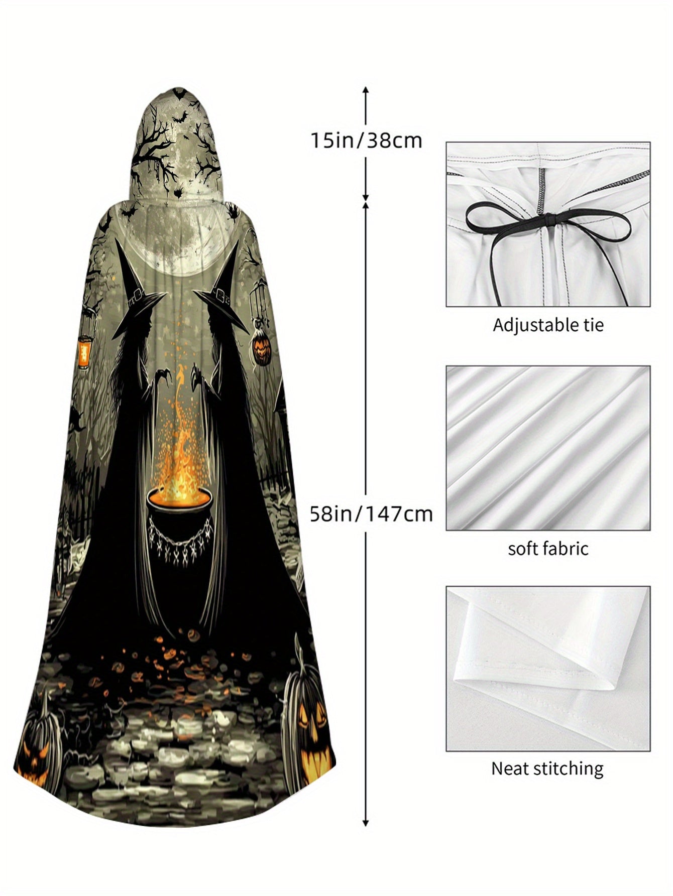 NEW  Witch & Wizard Costume Cloak - Hooded Full-Body Masquerade Outfit with Witch Hat-Like Hood,  Loose-Fit for Halloween, Carnival & Themed Parties - Machine Washable Wizard Robe, 2D Flat, for Adults