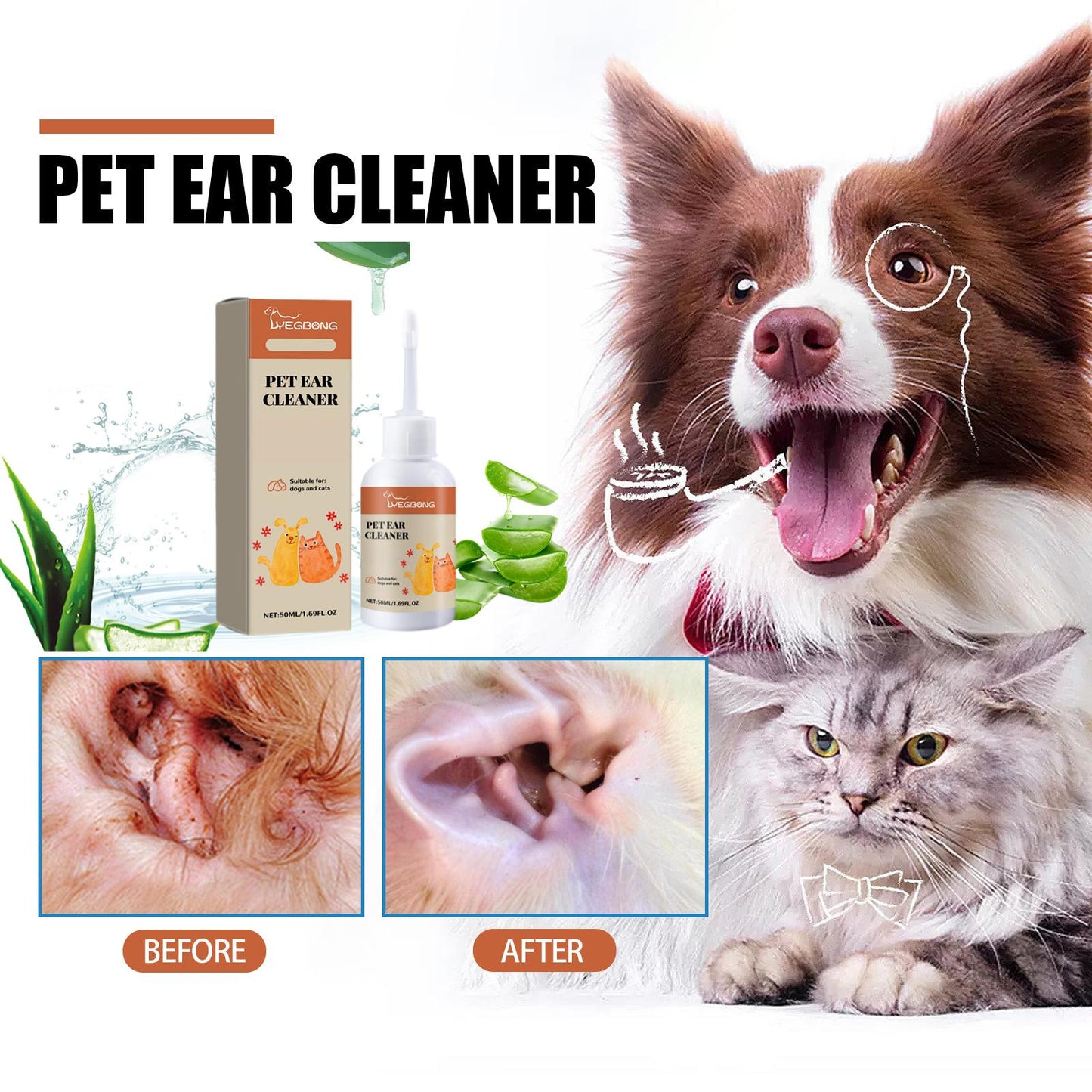 Pet Ear Cleaning Drops 50Ml for Safe Dirt Removal, Suitable for Both Cats And Dogs, Easy-To-Use Dropper for Daily Ear Maintenance, Non-Irritating to Pet Ear Canals
