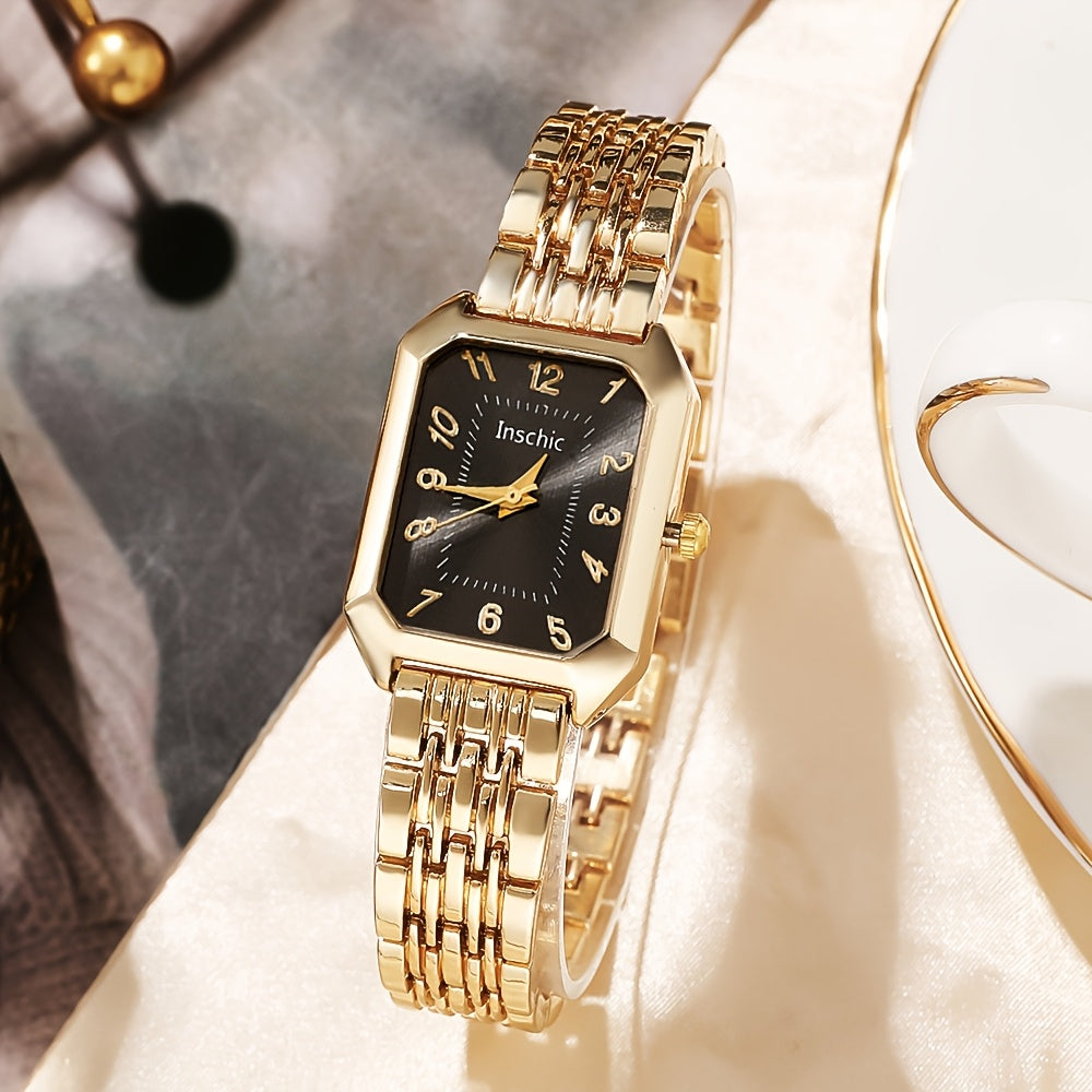 6pcs SHAARMS Women'S Elegant Square Quartz Watch Set with Heart Pendant - Luxury & Golden-Tone Dial, Square Case, Dial & Band, Non-Rechargeable Battery