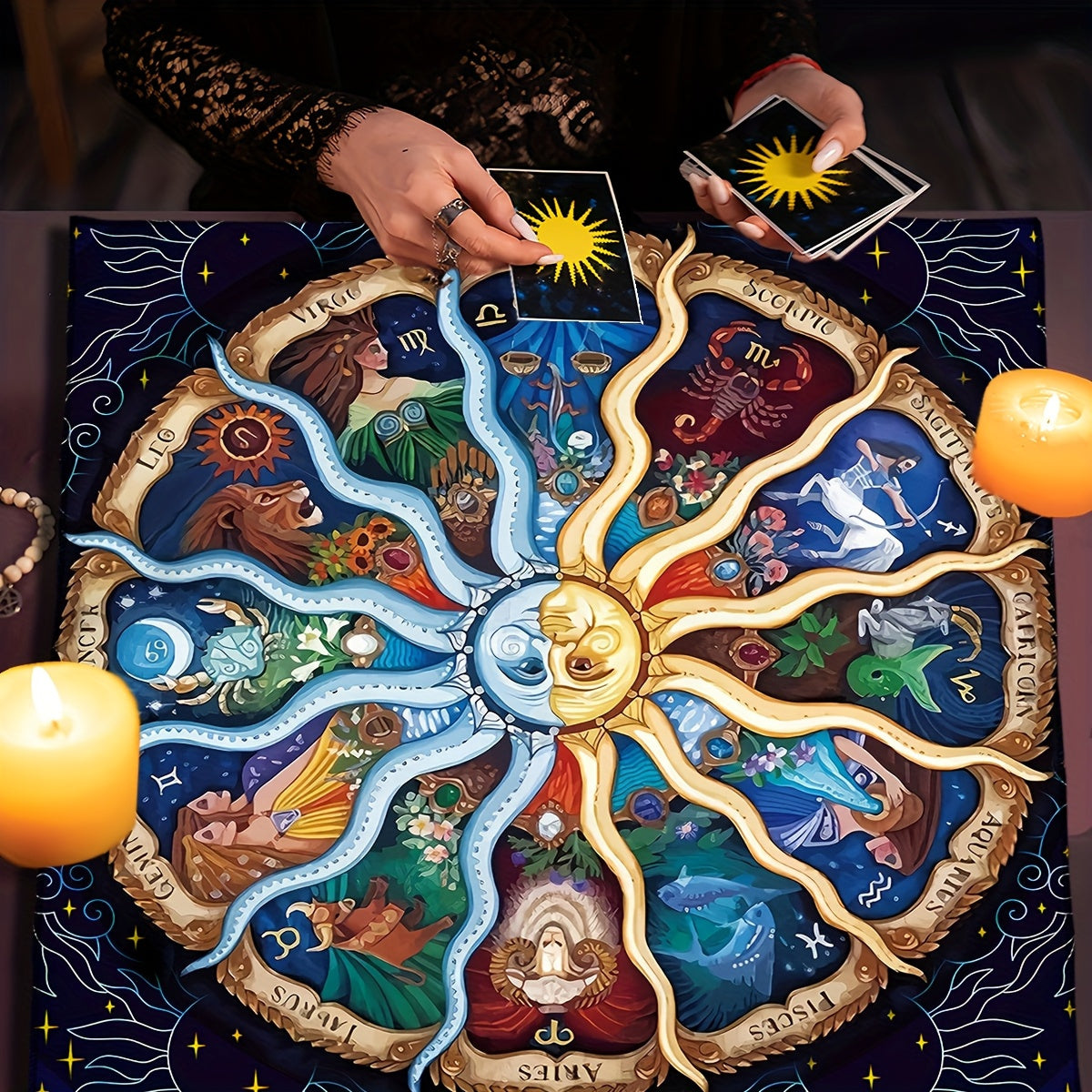 1 Sun and Moon Altar Cloth Tarot Card Tablecloth for Parties, Games, and Events, Vibrant 12 Zodiac Signs Astrology Symbol Design, Divination Tools, Witchy Home Decor