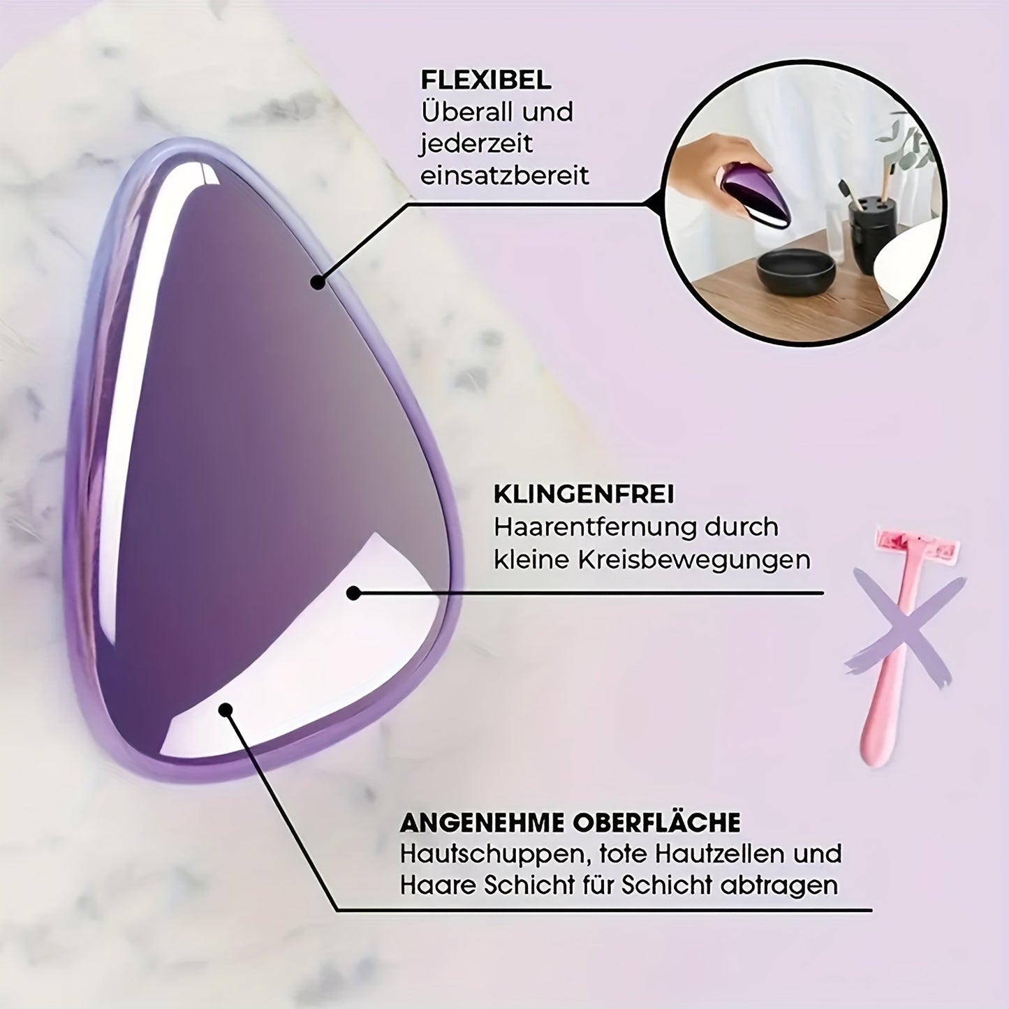 Purple Crystal Hair Removal Device for Both Genders - Gentle Exfoliation, Reusable And Waterproof Tool for Hair Removal, Purple Color for Skin on Back, Arms, And Legs