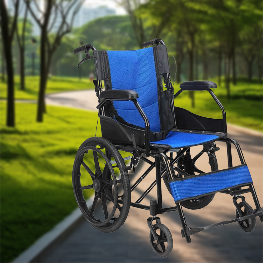 Self Propelled Wheelchair Half Folding Back, Seatbelt for Safety, Fully Foldable for Transport with Strong Steel Frame Mobility Aid Accessories Health Care Supplies