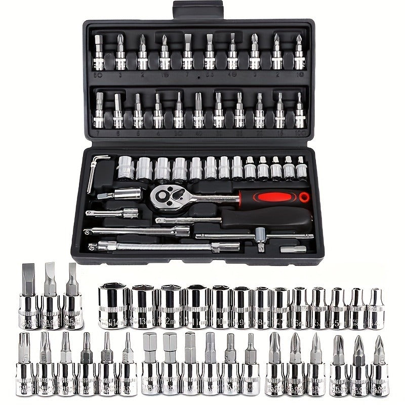 NEW 46PCS Set MGJJ Heavy-Duty Tool Set | Precision Ratchet Wrench, Screwdriver Bits & Sockets - Metal, Universally Applicable for Auto Repair, Bike Maintenance, Home - Professional & Tool
