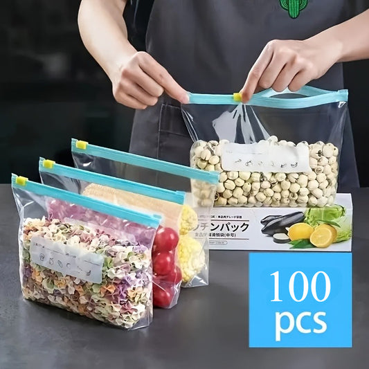 100 PCS Set Assorted Bags with Three Different Sizes, Designed for Keeping Food Fresh with Zippers. These Storage Bags Are Ideal for Organizing Fruits, Grains, Vegetables, And Meats, Making Them Perfect for Kitchen Storage An