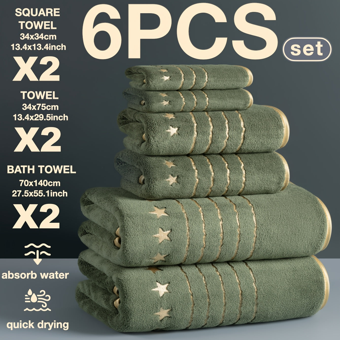 4/6-PCS Set Ultra-Soft Golden Thread Light Luxury Five-Star Embroidered Towel Bath Towel Set, 2 Bath Towels 69.85 X 139.95 cm, 2 Hand Towels 34.04 X 74.93 cm, 2 Washcloths 34.04 X 34.04 cm, Perfect for Home, Hotel, and Spa Us