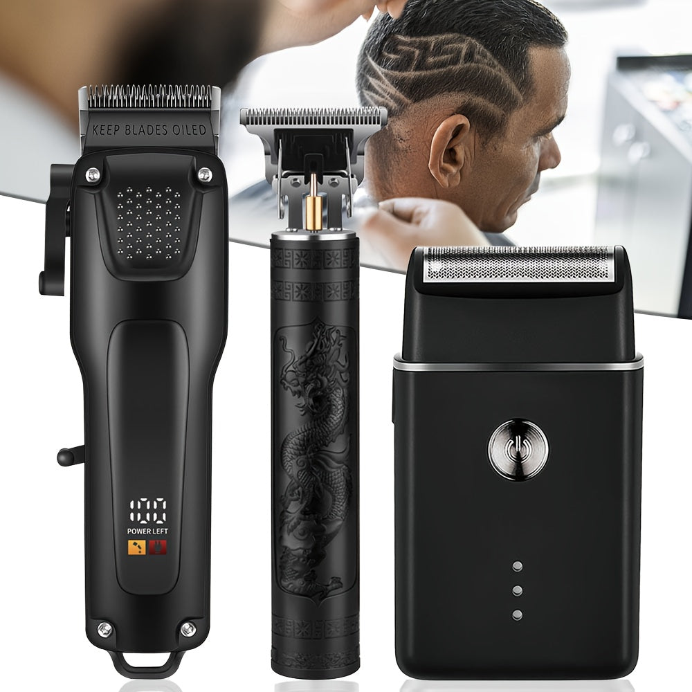 3 PCS Set Men's Professional Hair & Beard Grooming Kit - Cordless Clippers with LED Display, Precision Trimmer Set, USB Rechargeable, for Home Use, Perfect Holiday Gift