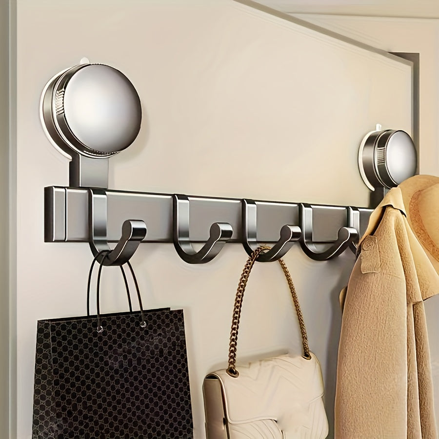 A very practical 6-hook hook that does not require punching suction cups for wall hanging. It can be used to store clothes, towels, bathrobes, small items, etc. It is suitable for bathrooms, bedrooms, washrooms, living rooms,