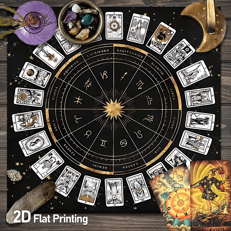 Zodiac Chart Tarot Tablecloth - Black & Golden Astrological layout with 12 Zodiac Signs - Heavy-Duty Machine-Washable Polyester Altar Cloth for Tarot, Astrology, Witchcraft, Meditation - Multiple Sizes (50x50/60x60/75x75/80x8
