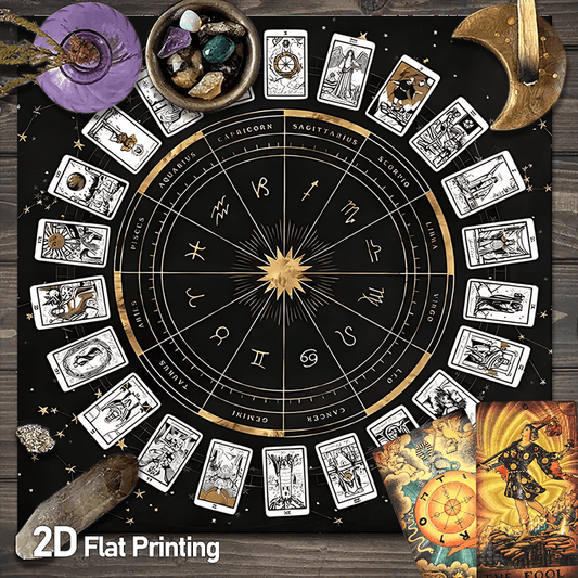 Zodiac Chart Tarot Tablecloth - Black & Golden Astrological layout with 12 Zodiac Signs - Heavy-Duty Machine-Washable Polyester Altar Cloth for Tarot, Astrology, Witchcraft, Meditation - Multiple Sizes (50x50/60x60/75x75/80x8