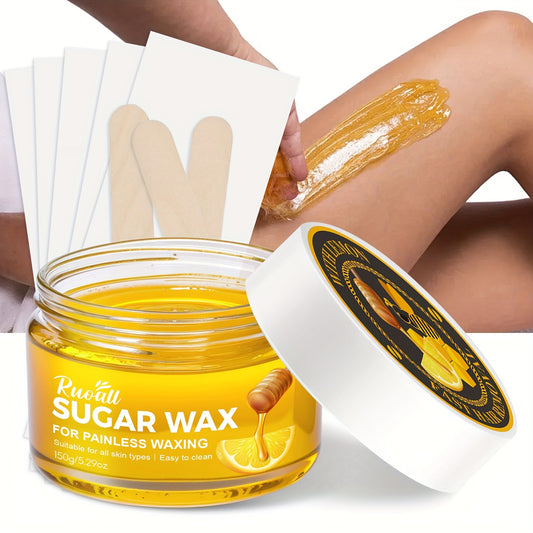 150G/5.29Oz Sugar Wax Hair Removal Kit (Five Wax Strips + Three Wooden Sticks), Features a Gentle And Non-Irritating Formula, Effectively Removes Hair Without Residue, Suitable for The Entire Body, Compatible with Various Hai