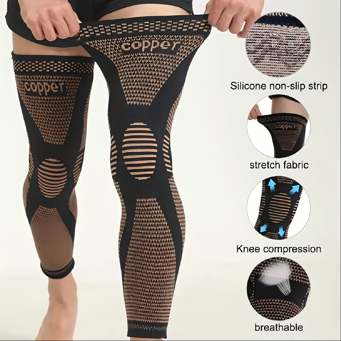 2-PCS Set Compression Knee Sleeves, Warm Knee Covers, Full Leg Support, Pain Relief Outdoor Running Sports  Knit Fabric, Polyester Fiber, Non-Slip Silicone, Breathable, Stretchable for Men & Women