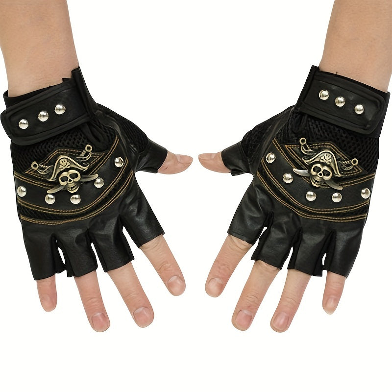 Gothic Scull Skeleton Outdoor Sports Gloves, Skull Half-Finger Gloves, Pirate Gloves,  Rivet Women Men's Sports Gloves
