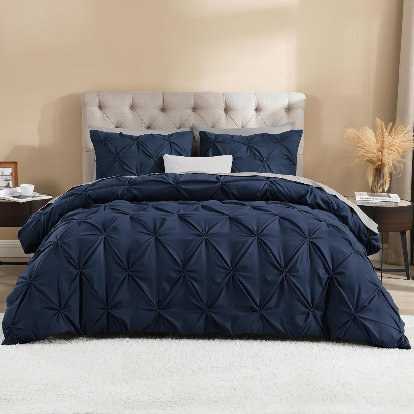3 PCS Set 5 Colors Charcoal, Pink*Five Star Hotel* Pinch Pleated Luxury High Quality Duvet Cover Set, Soft Pintuck Bedding Sets with Pillowcases