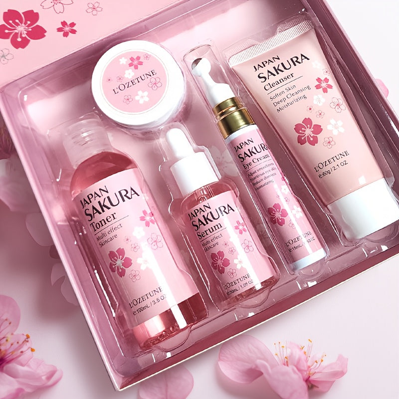 5PCS Set Japanese Sakura Cherry Blossom Skincare Set: moisturizing toner, eye cream, cleanser, face cream, cherry essence. Fits all Light Beige (dry, normal, combination). Great for post-facial hair removal