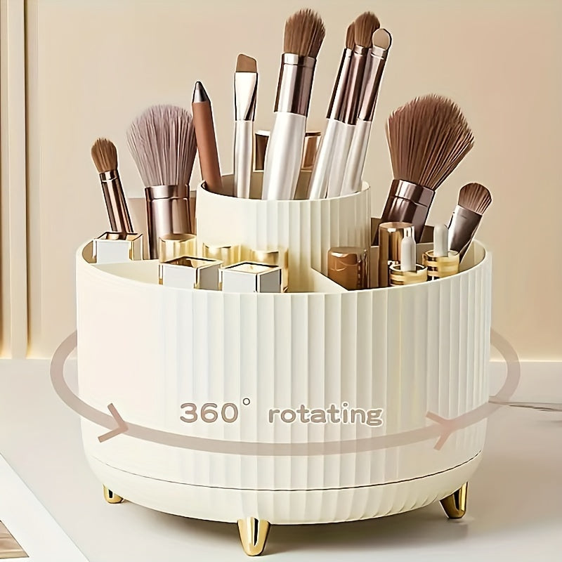 5 Colors 360° Rotating Makeup Organizer - 1pc Plastic Cosmetic Storage with 5 Compartments - Multi-Functional Holder for Brushes, Lipsticks, Skin Care Products, and Stationery - Durable Unscented Desk Caddy with Luxury Strip