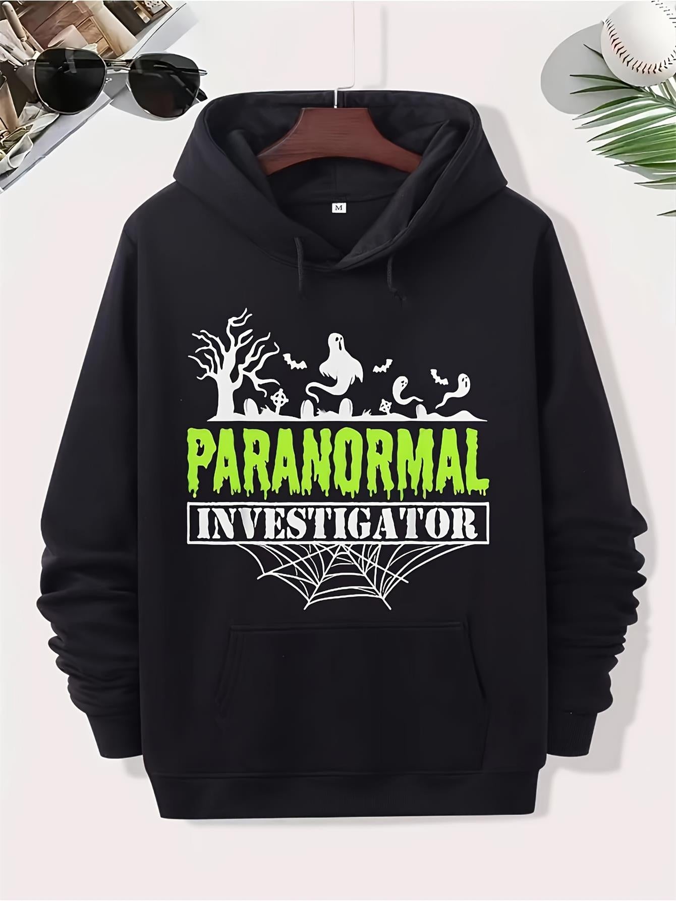Mens & Unisex Paranormal Investigator Hoodie | Black with Neon Green Ghoul Print, Gothic Sweater for Halloween Costumes, Couple Matching, Machine Washable Pullover, Casual Edgy Wear, Perfect for Fall/Winter