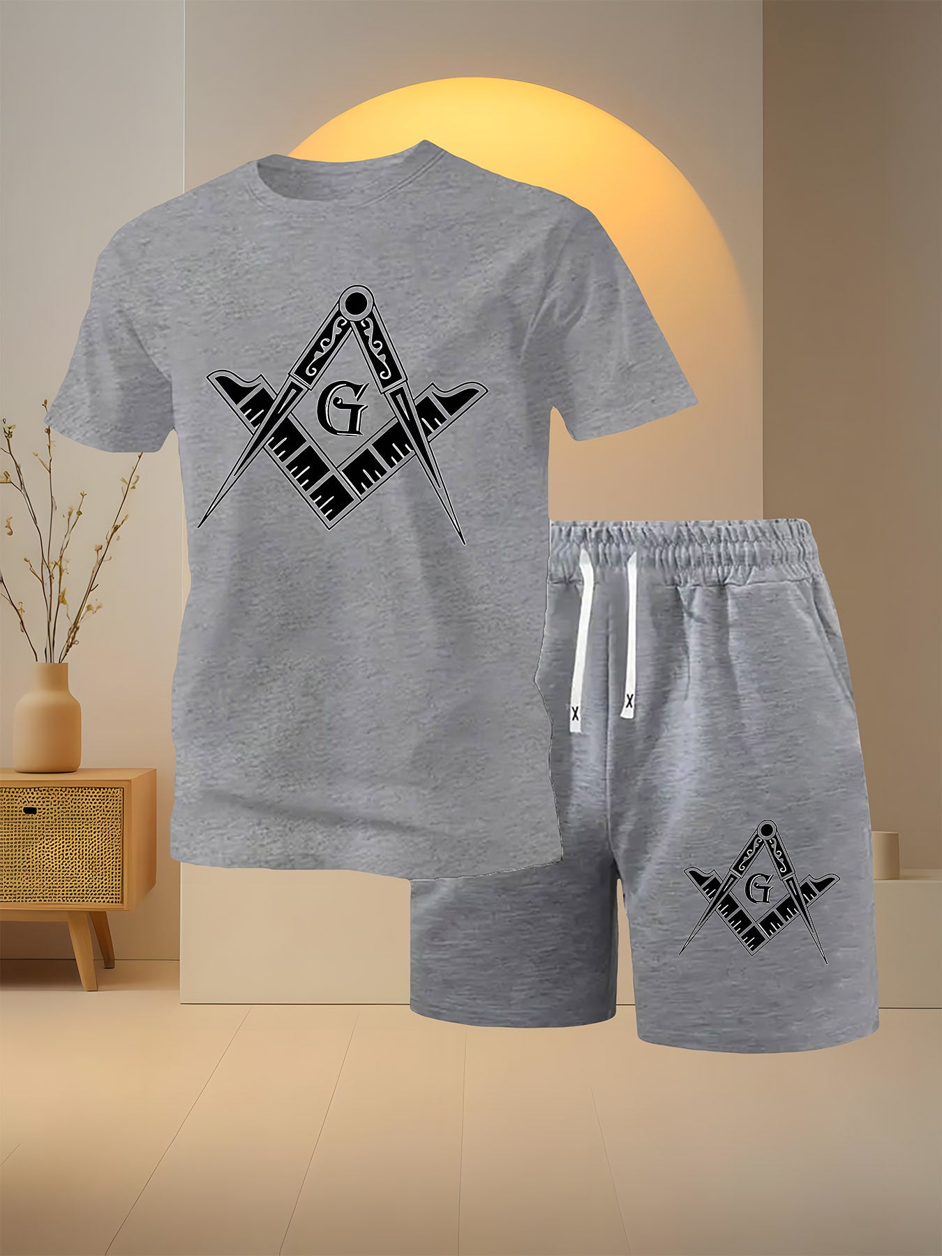 2 PCS Set Freemasonry Logo Print Men's Fashion Casual, Round Neck Short Sleeve T-Shirt and Drawstring Shorts Spring Summer Sportswear Outfit