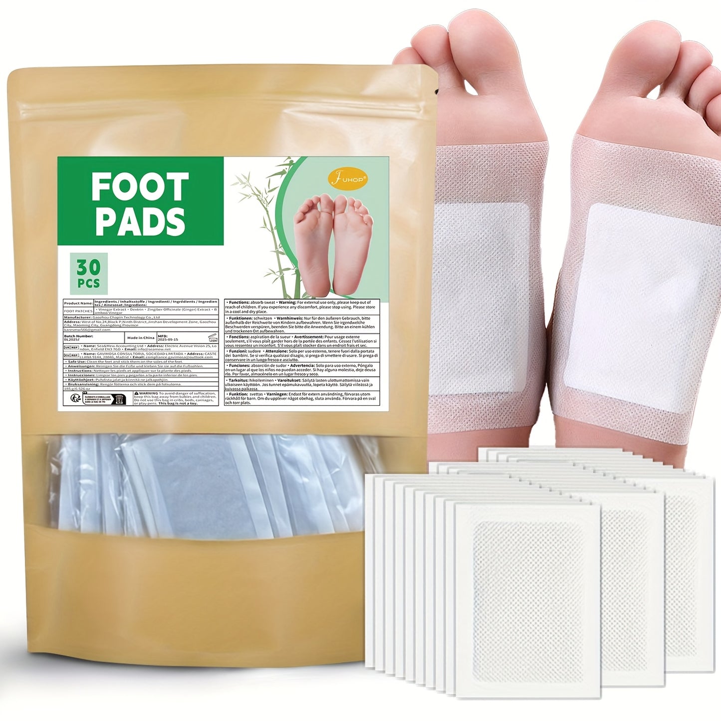 30 PCS Set Foot Patches, Natural Bamboo Wood Vinegar + Ginger Powder Foot Pads for Foot Care, After Foot Bath Pain Relief Relaxation Pads Outdoor Running Gym Cycling Health Care Accessories