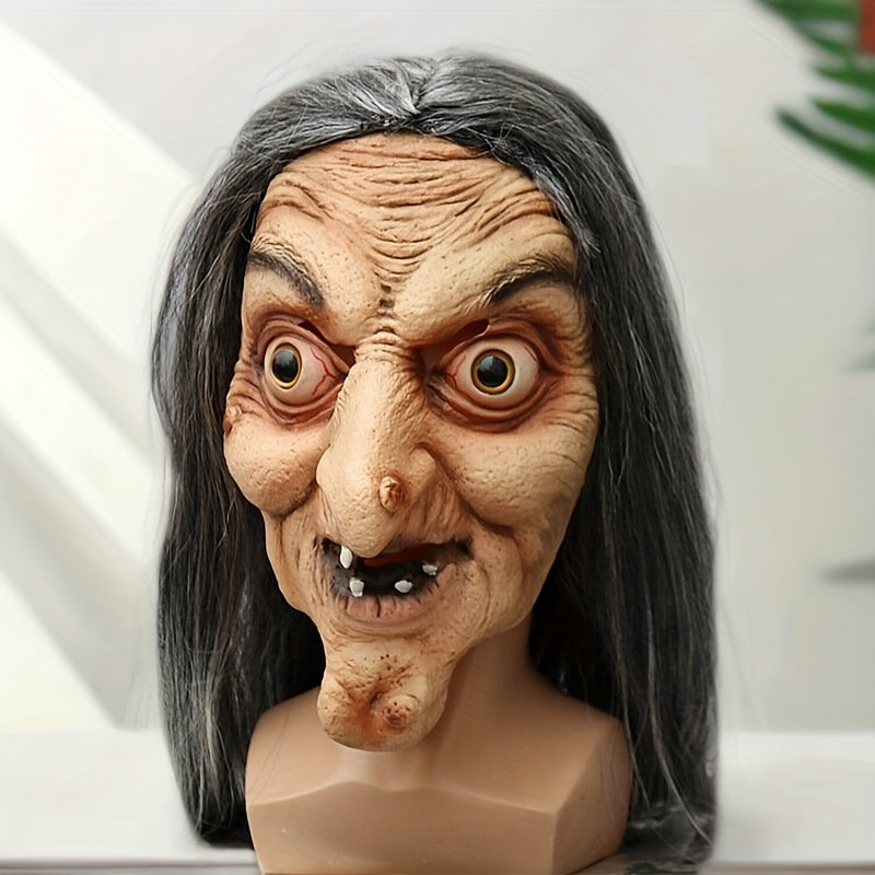 Realistic Witch Latex Mask - Scary Full Face Halloween Costume Accessory with Long Gray Hair & Wrinkled Features for Parties, Performances, and Role-Playing, Themed Party Mask | Scary Character Visage | Latex Full Mask