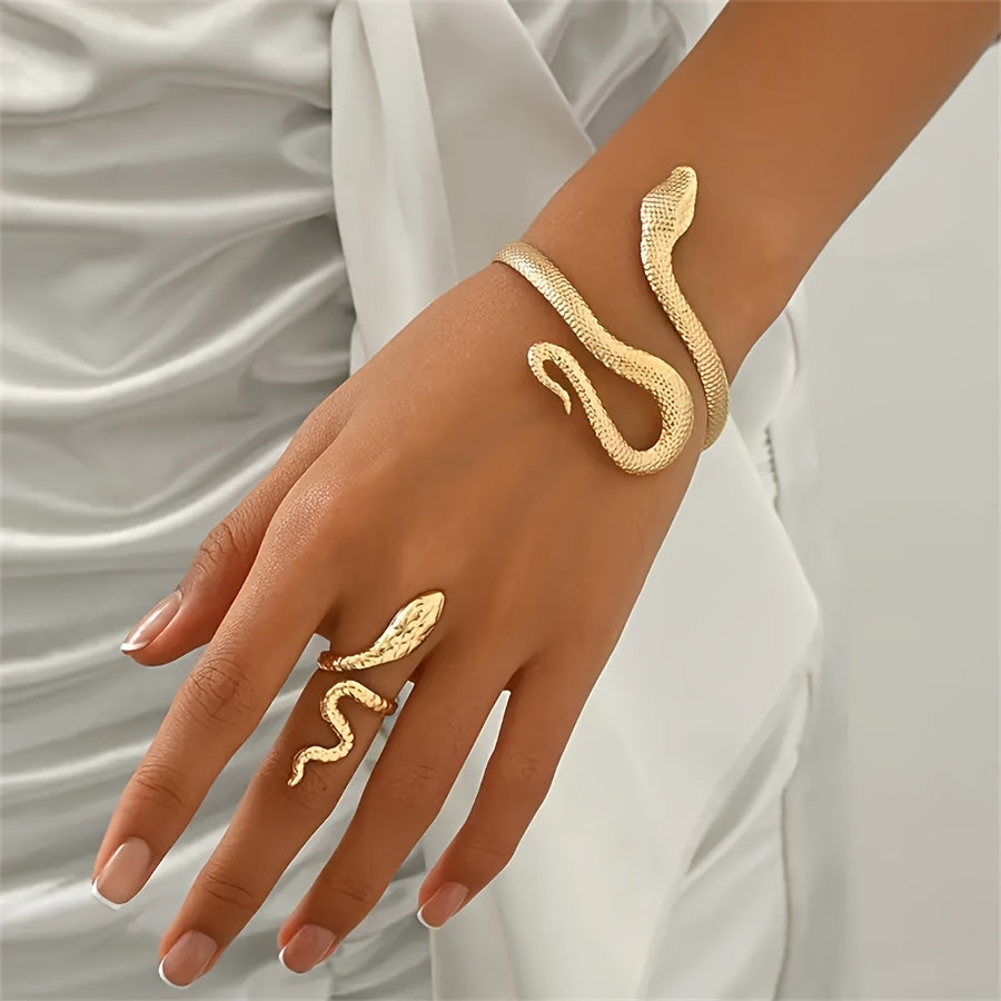 2 PCS Set of Dynamic Snake-Shaped Jewelry for Women, Featuring a Fun Snake-Pattern Bracelet And Ring , Designed with a Golden Plating for a Party- Jewelry Tools Sets
