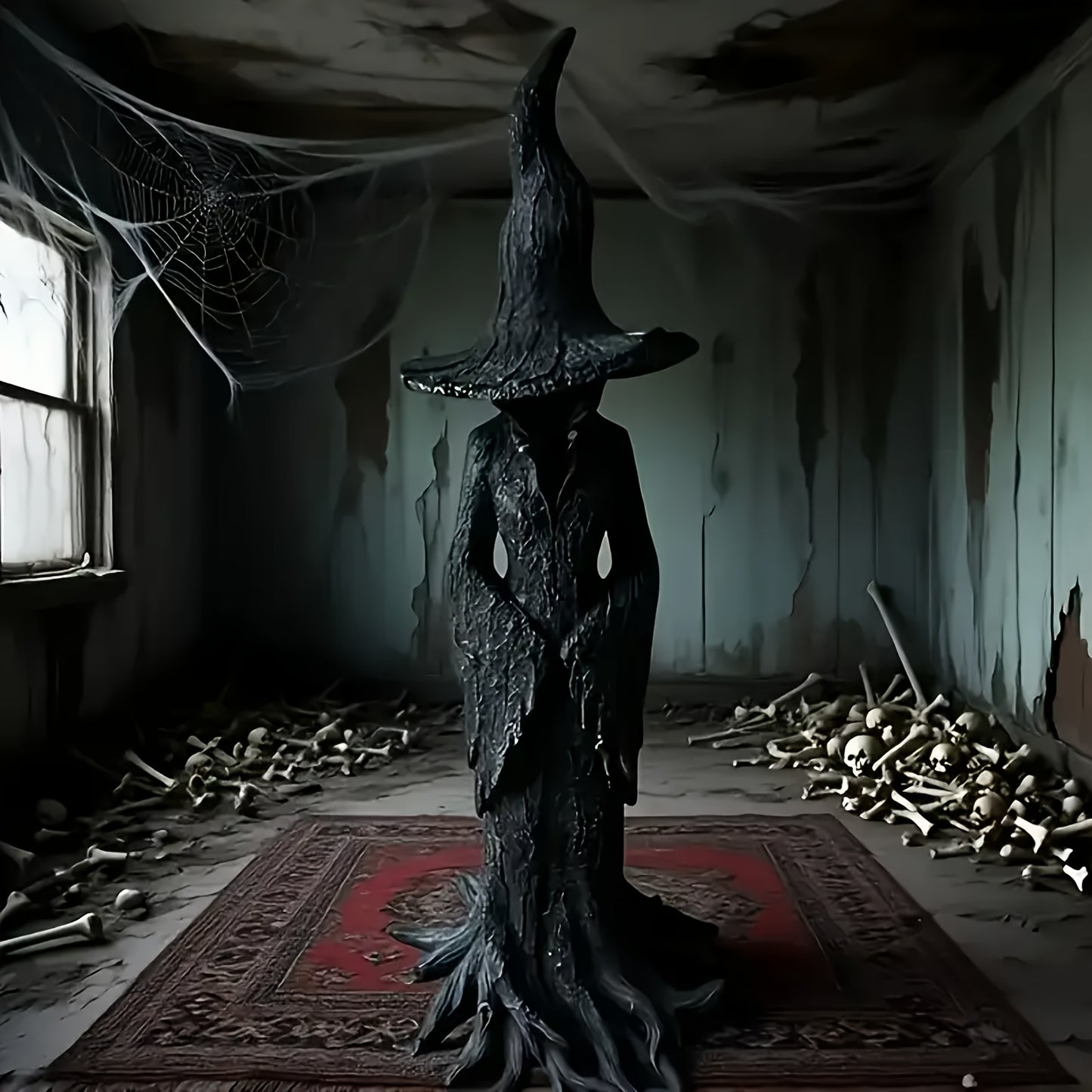 Large Gothic Witch Statue - Hand-Painted Resin with Black Hat & Cauldron, Indoor/Outdoor Spooky Home Party Decoration, Year-Round Collectible Gift
