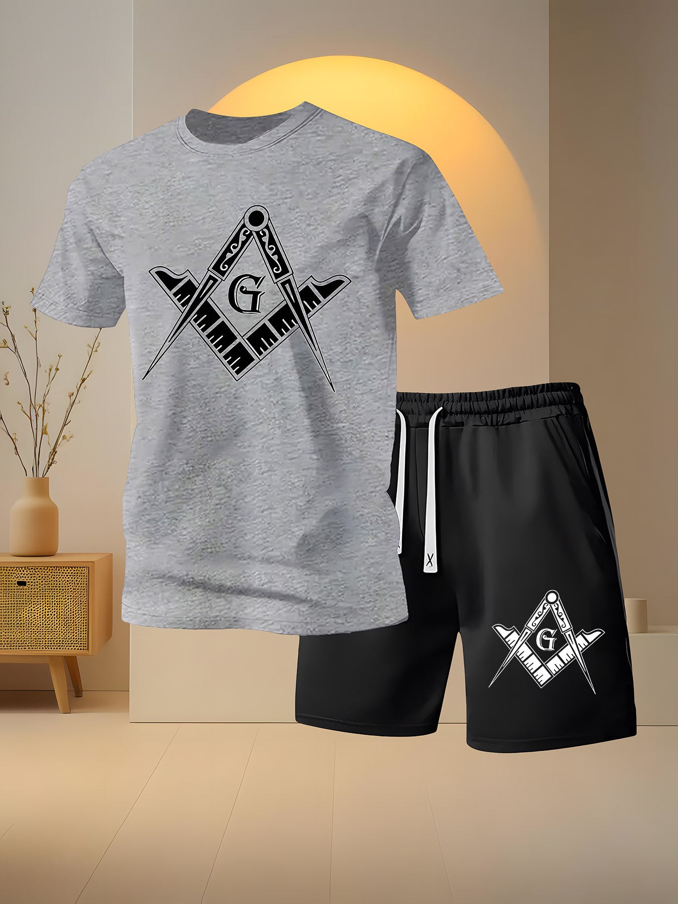 2 PCS Set Freemasonry Logo Print Men's Fashion Casual, Round Neck Short Sleeve T-Shirt and Drawstring Shorts Spring Summer Sportswear Outfit