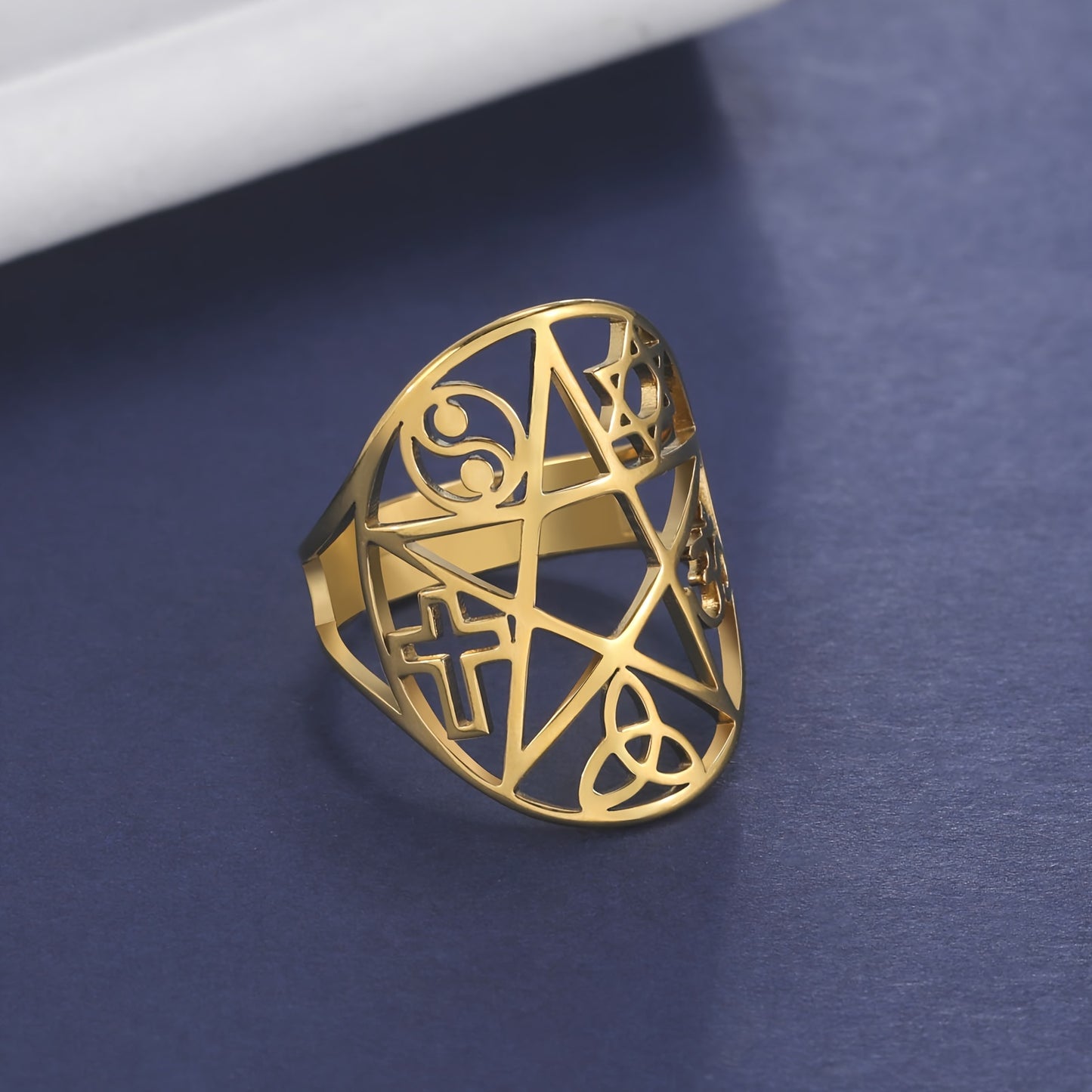 Boho Style Stainless Steel Ring, Women's Men's Pentagram & Celtic Knot Protection Signet, Triangular Cross Spiral Charm, Irish Jewelry Gift