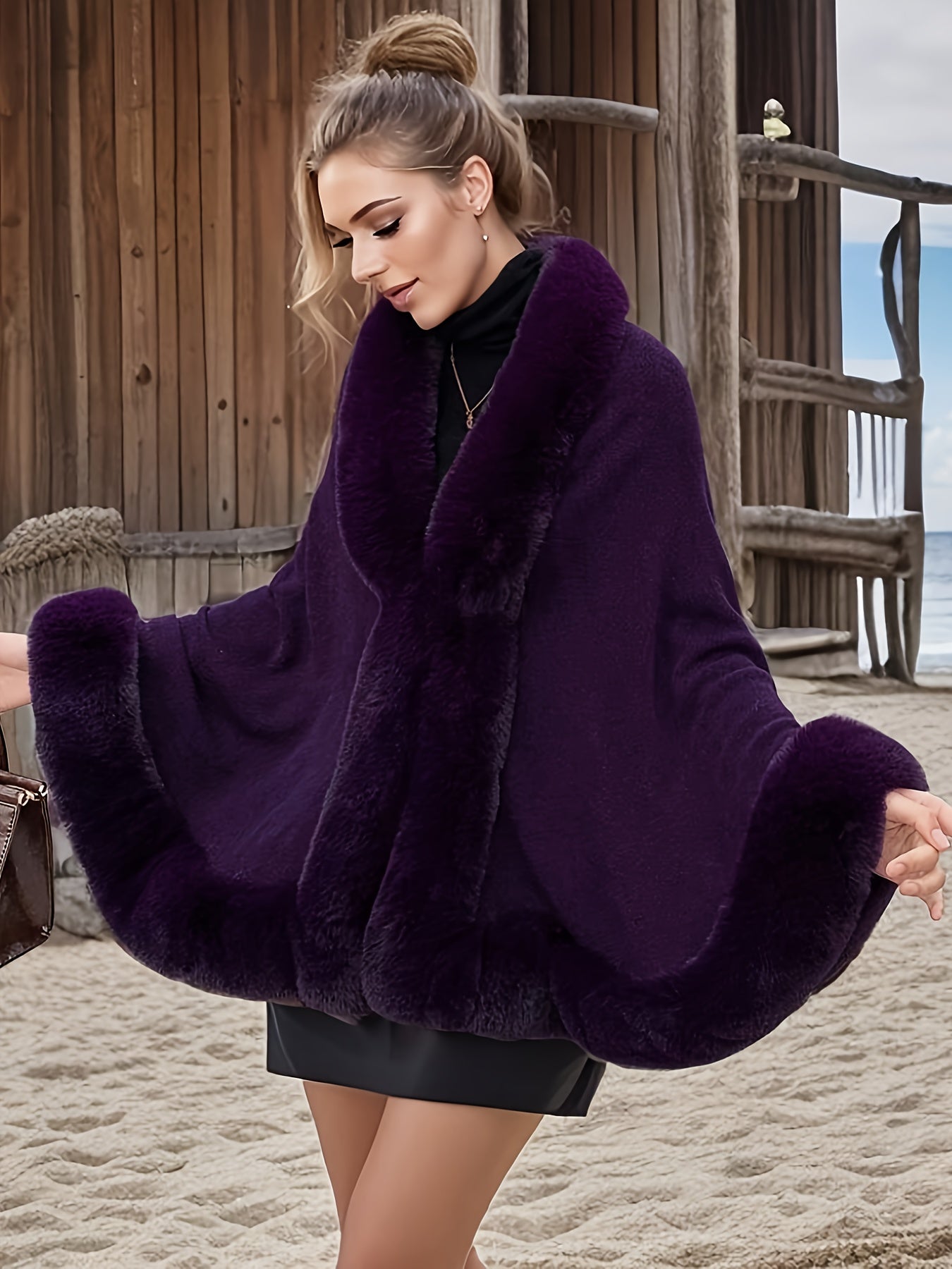 Plus Size Elegant Faux Fur Cape Coat for Women - Plush Purple Winter Coat with Contrast Collar, Warm Fall/Winter Outerwear, Non-Stretch Fabric, Stylish Black Skirt & Brown Handbag, Winter Coats for Women
