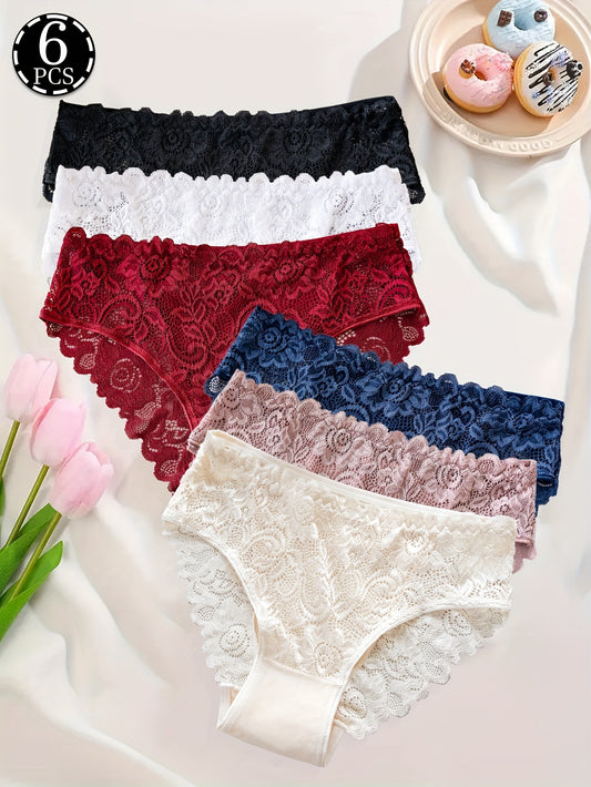 NEW UK Size S-XL 6-Pack Women's Underwear - Floral Lace Seamless Panties, Semi-Sheer Briefs with Delicate Lace Trim, Mid-Rise Suitable for Daily Wear, Stretchy Breathable Solid Color Base & Lace Design, Hand Washable Basic Pa