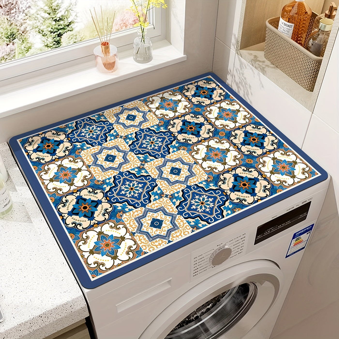 Vibrant Retro Mosaic Washing Machine Cover - Waterproof & Durable Diatomaceous Earth Material, 59.99cm X 50.01cm, Colorful Floral Patterns, Ideal for Kitchen Or Laundry Room Deco