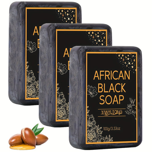 3 Bars African Black Soap with Shea Butter, Moisturizing and Non-Irritating, Handmade Soap, Cleanser, Facial Cleanser, Body Wash, Unisex, Body Wash For All Light Beige Types