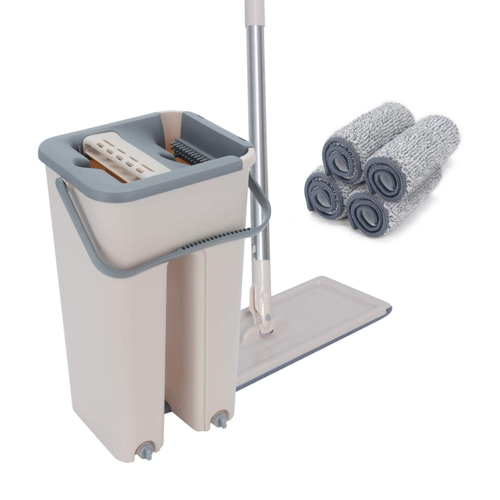 360° Flat Mop Set + 4 Squeeze Microfiber Mop and Bucket Set Floor Mop and Bucket System Set Mop Home Floor Tiles Cleaning Wet Dry Cleaning Buckets for Floor Cleaning