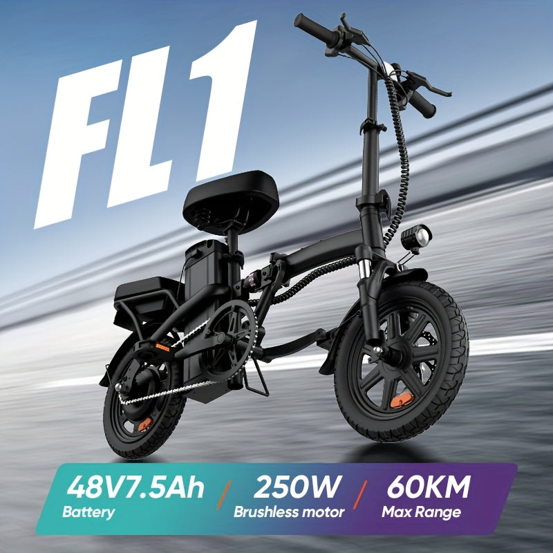 35.56cm Folding E-Bike with 250W Motor & 48V 360Wh Removable Battery - 40-60KM Range, 3 Modes Lightweight Alloy Steel Frame, Disc Brakes, Black Urban Commuter Bike for Men & Women, Foldable Design for Easy Storage, Electric B