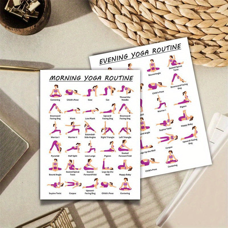 NEW Upgraded 2 PCS Home Gym Morning & Evening Yoga Routine Flow - 20.32x25.4cm Unframed Workout Guide with Poses & Stations for Home Gym, Pilates, and Stretching - White, Fitness Planner, Illustrated Poses, Quality Paper Mate