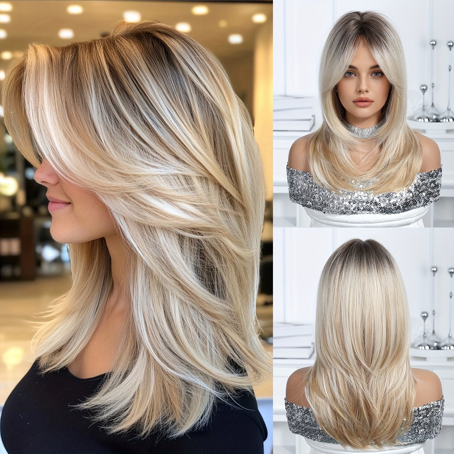 40.64cm Women's Natural Gradient Blonde to Golden Ombre Wig - Straight Hairstyle with Middle Part, Synthetic Hair for Everyday, Parties, Dates, Special Events - Easy Maintenance & Secure Fit Rose Net Cap, Hair Wig, Party Acce