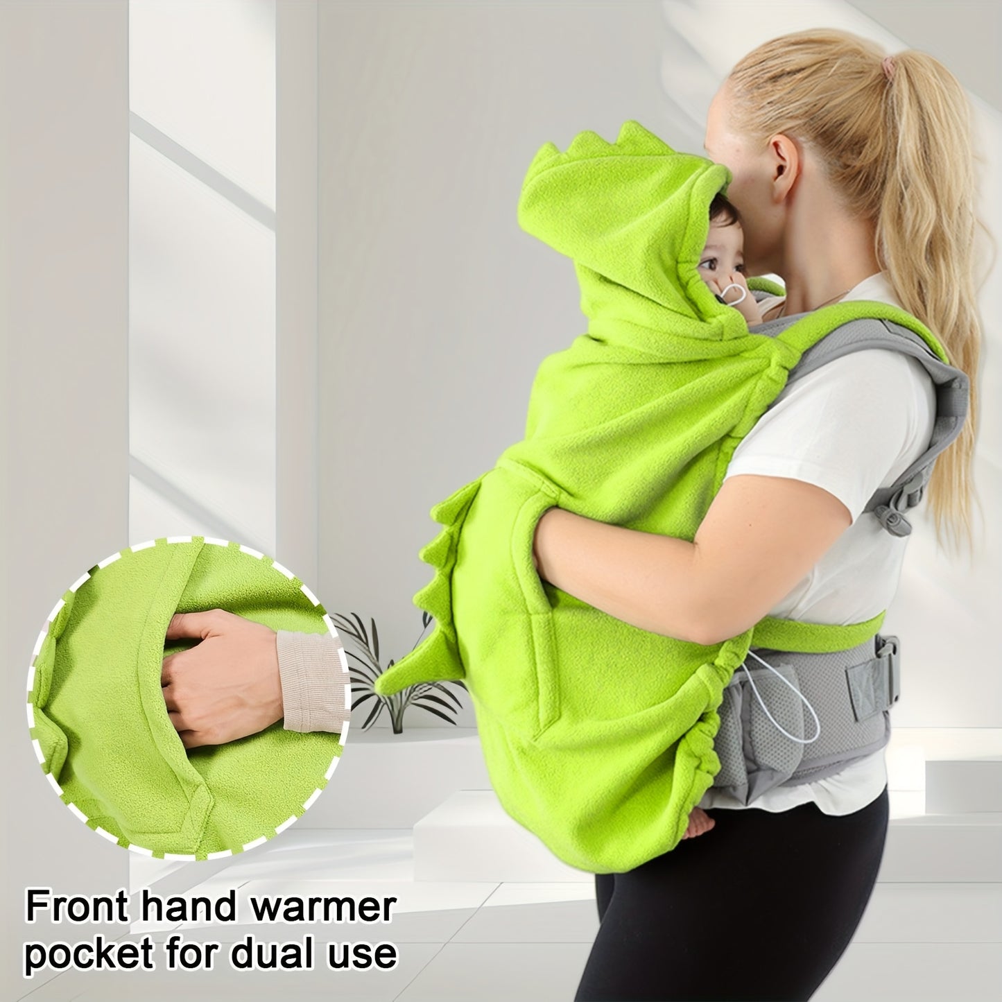 1pc Soft & Windproof Baby Carrier Blanket - Cute Cartoon Dinosaur Design, Multi-Use for Strollers & Baby Carriers, Front Hand Warmer Pocket, Lightweight Polyester Fabric, All-Season Use, Travel Essentials|Dinosaur Print|Knit