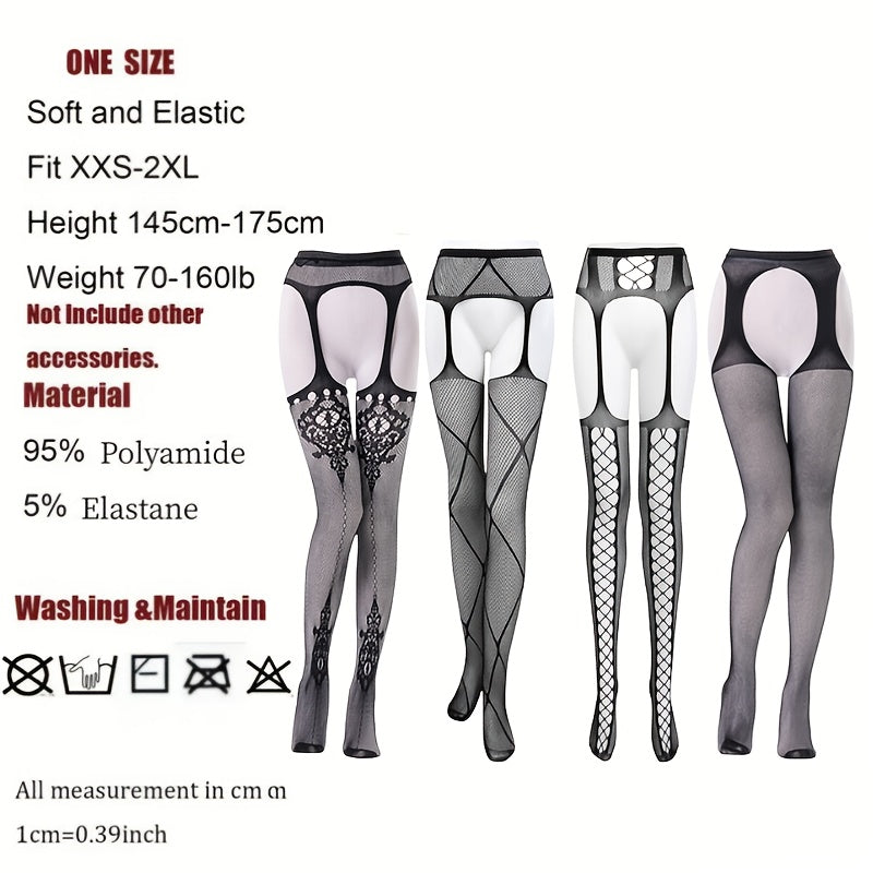 4-Pack Sexy Hollow-Out Fishnet Pantyhose Set, Women'S Breathable Elastic Garter Belt Hosiery, Floral Knit Polyamide 95% Elastane 5% for Wedding Theme