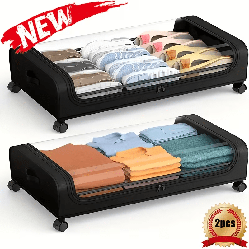 2 Sets, Underbed Storage Box, with Wheels Lid, 48L Metal Frame, Bed Box, Organizer, Storage Bag, Foldable Underbed Box for Clothes, Shoes, Blankets, Bedding, Home Furniture Supplies