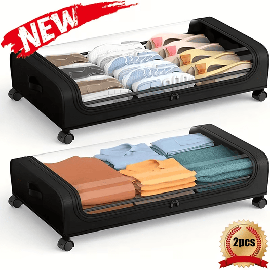 2 Sets, Underbed Storage Box, with Wheels Lid, 48L Metal Frame, Bed Box, Organizer, Storage Bag, Foldable Underbed Box for Clothes, Shoes, Blankets, Bedding, Home Furniture Supplies
