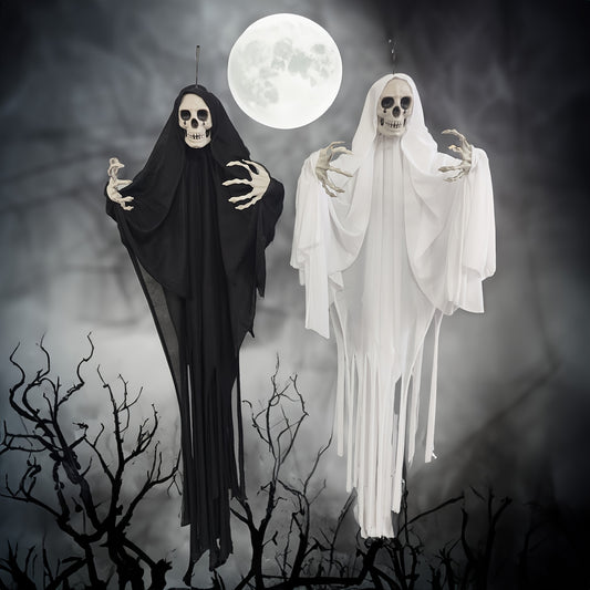 Large Halloween Black & White Spooky Hanging Ghosts - Classic Horror-Themed Decorations with Eerie Moonlit Night Scene, Durable Plastic/Fabric, No Electricity Needed for Indoor/Outdoor Halloween Party Decor, Halloween Decorat