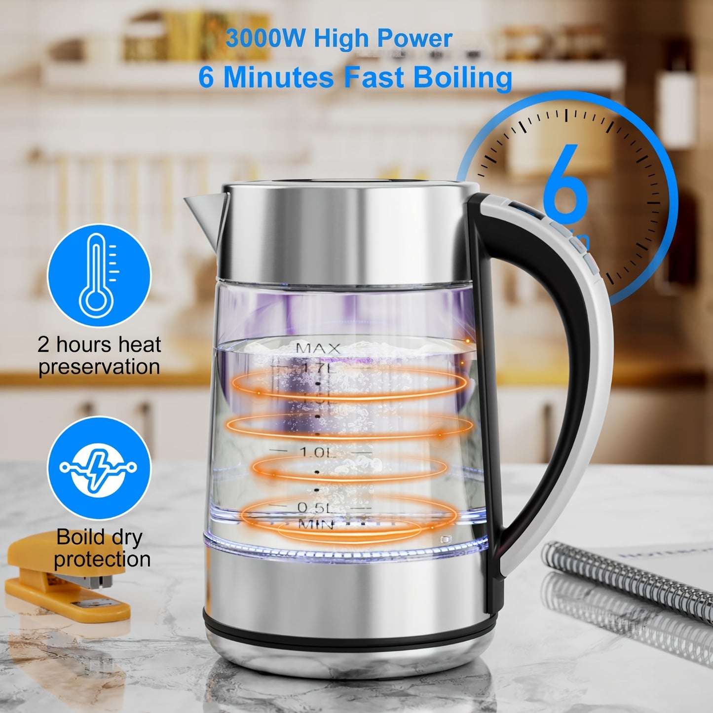 Electric Kettle with Temperature Control, LED Indicator Lights, Glass Tea Kettle & Hot Water Boiler, 360° Swivel Base,, Stainless Steel, 1.7 Liters, 3000W, Sleek Design, Modern Kettle, Highquality Build, Fast Boiling Kettle,