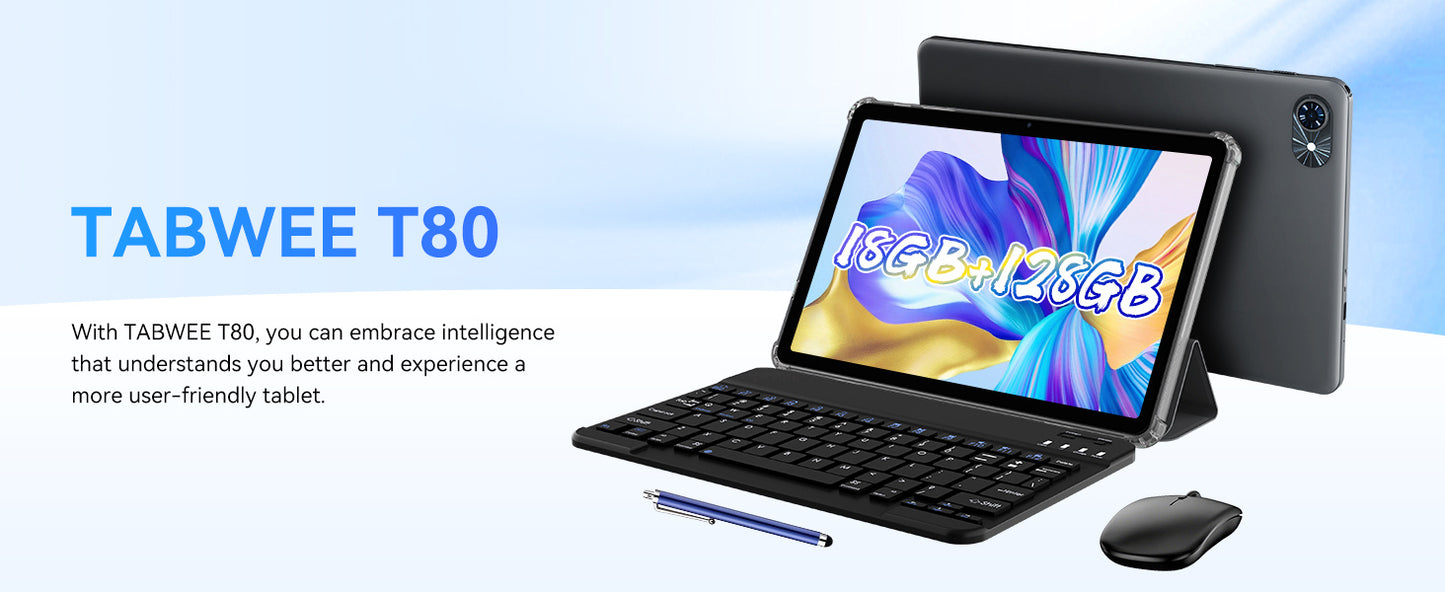 T80 Android 15 Tablet with Keyboard - 18 (6+12) GB RAM + 128GB ROM (2TB TF), 10-Inch Tablet, 6000mAh, 5MP + 2MP, Gemini AI, 5G Wi-Fi, GPS, Face ID